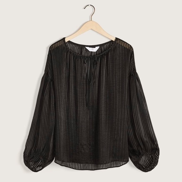 Addition Elle Black Mesh Stripe Balloon Sleeve Top - Picture 3 of 3